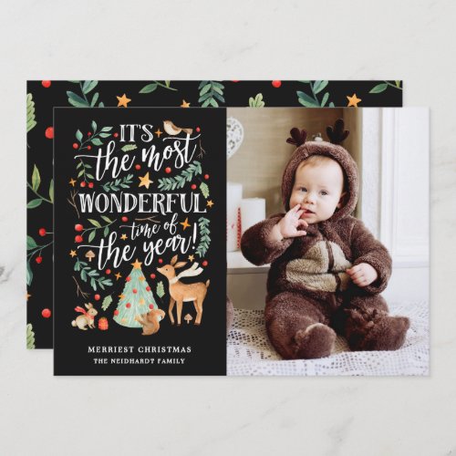 Watercolor Forest Most Wonderful Time Black Photo Holiday Card