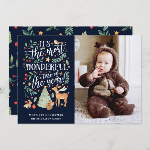 Watercolor Forest Most Wonderful Time Navy Photo Holiday Card