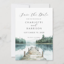 Watercolor Forest Mountain Lake Save the Date
