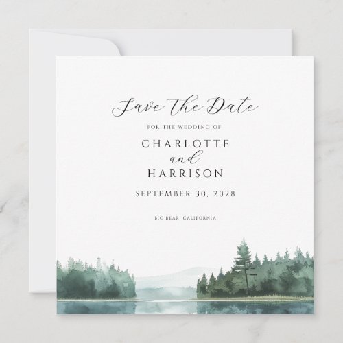 Watercolor Forest Mountain Lake Save the Date Invitation