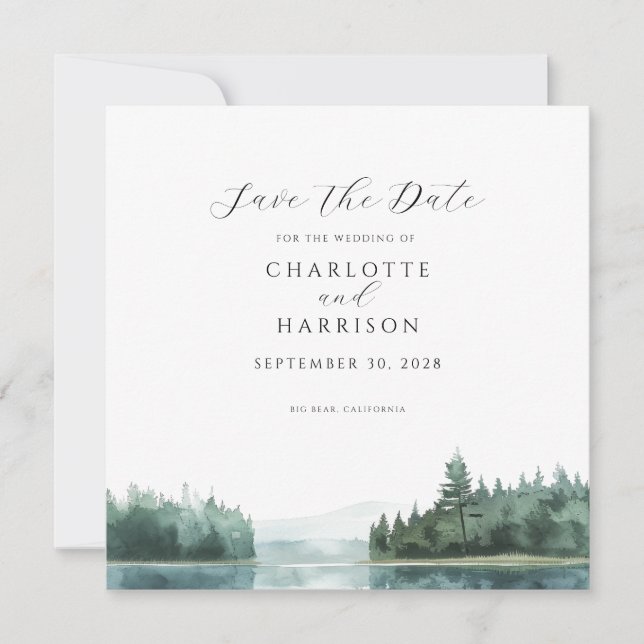 Watercolor Forest Mountain Lake Save the Date Invitation (Front)