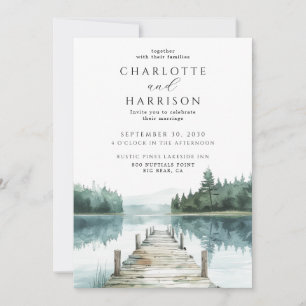 Watercolor Forest Mountain Lake Wedding Invitation