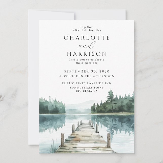 Watercolor Forest Mountain Lake Wedding  Invitation (Front)