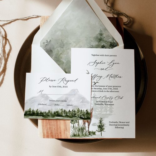 Watercolor Forest Mountain Wedding Invitation
