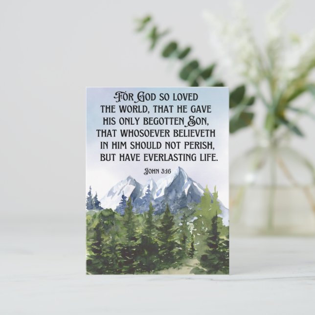 Watercolor Forest Mountains John 3 16 Scripture Postcard (Standing Front)