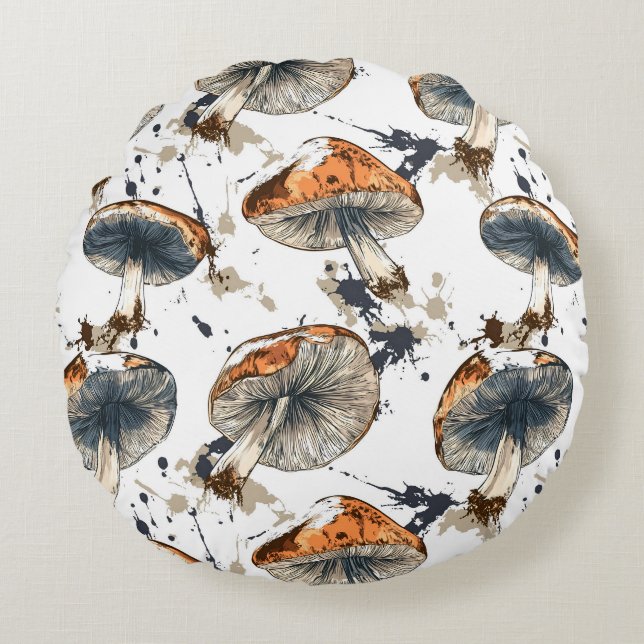 watercolor forest mushroom design round pillow (Front)