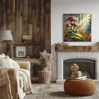 Watercolor Forest Mushrooms Foliage Fungi Art Poster