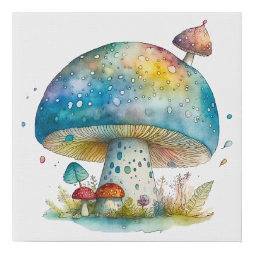 Watercolor Forest Mushrooms Goblincore Cottagecore Faux Canvas Print
