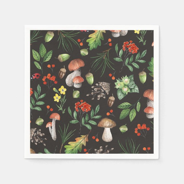 Watercolor Forest Mushrooms Leaves Flowers | Paper Napkins (Front)