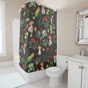 Watercolor Forest Mushrooms Leaves Flowers Shower Curtain