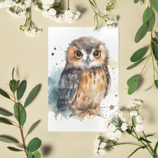 Watercolor Forest Owl Illustration Postcard