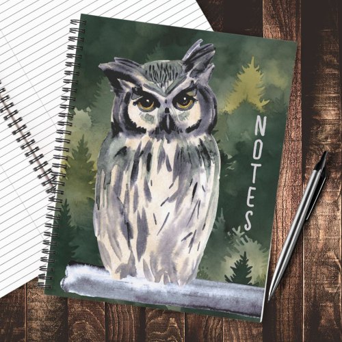 Watercolor forest owl journal vintage green owl notebook