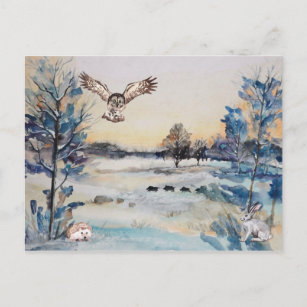 Watercolor Forest Owl Rabbit Winter Landscape Postcard
