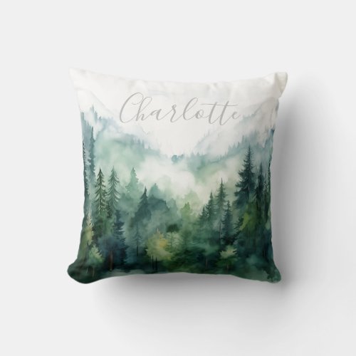 Watercolor forest personalized green  throw pillow