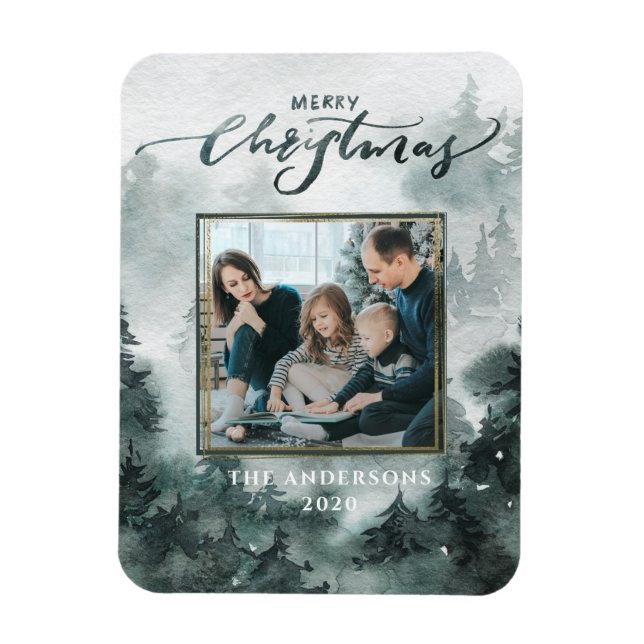Watercolor Forest Photo | Merry Christmas Magnet (Vertical)