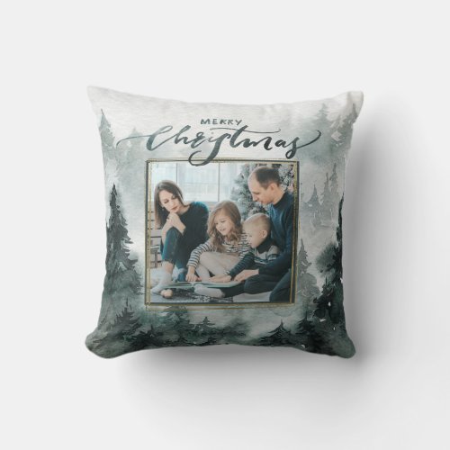 Watercolor Forest Photo  Merry Christmas Throw Pillow