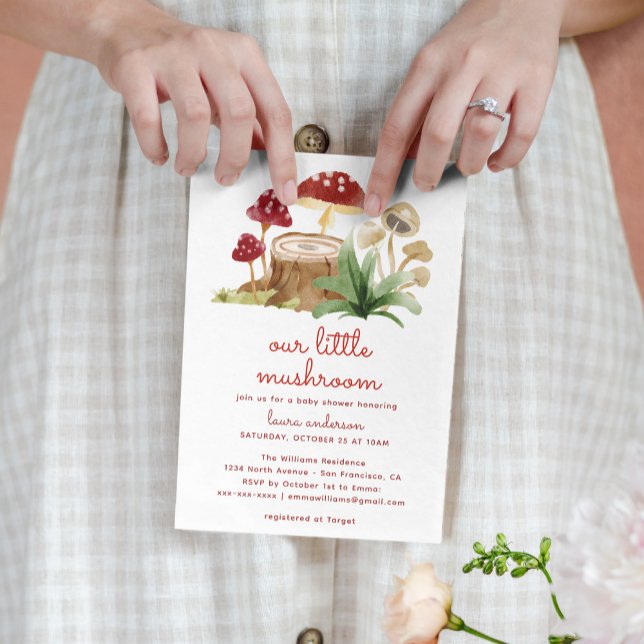 Watercolor Forest Picnic Mushroom Baby Shower Invitation (our little mushroom baby shower invitation with vichy background dress)