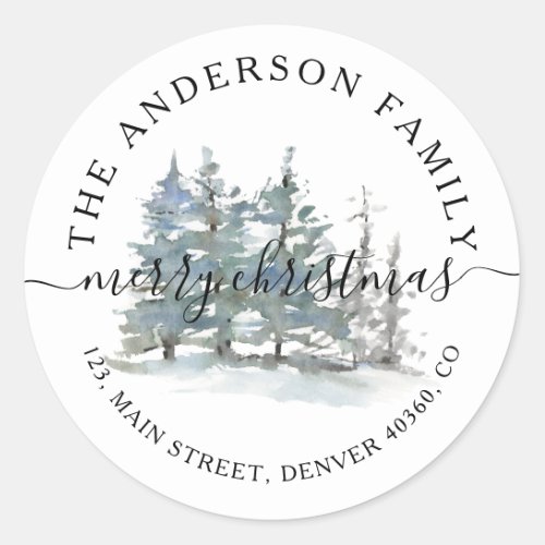 Watercolor forest pine christmas return address classic round sticker