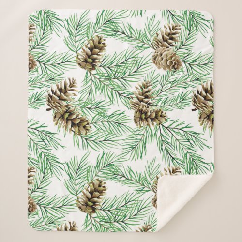 Watercolor Forest Pine Needles Cones Trees Nature  Sherpa Blanket