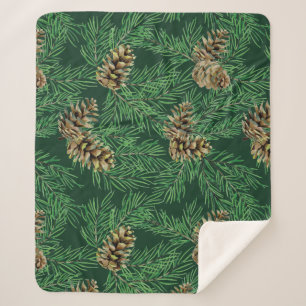 Watercolor Forest Pine Needles Cones Trees Nature Sherpa Blanket