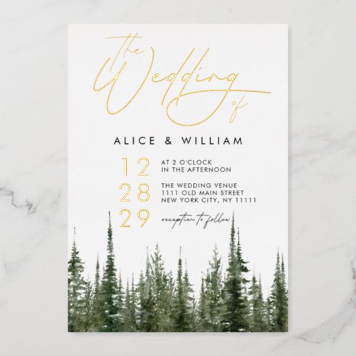 Watercolor Forest Pine Trees Rustic Wedding Foil Invitation
