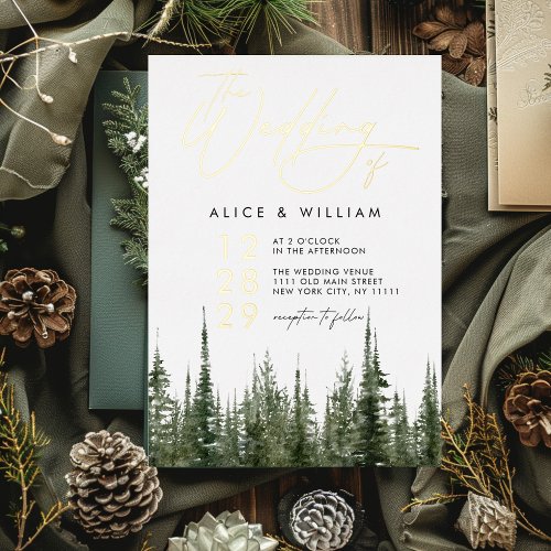 Watercolor Forest Pine Trees Rustic Wedding Foil Invitation