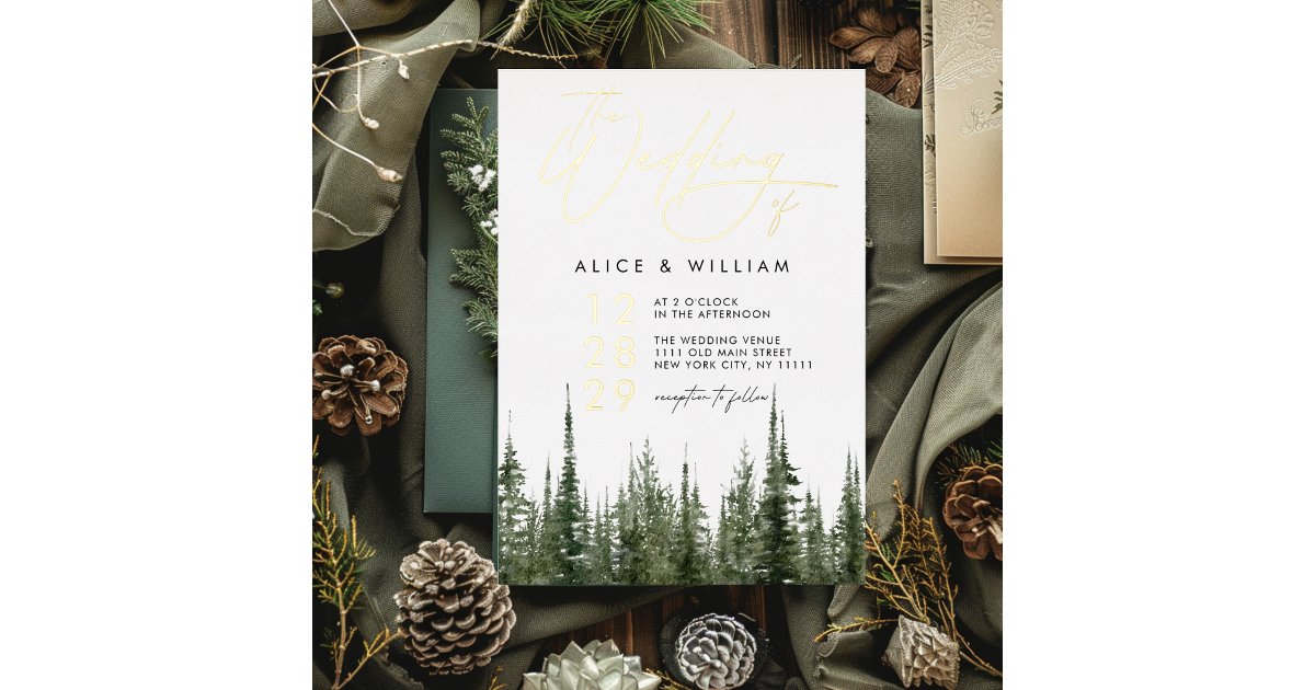 Watercolor Forest Pine Trees Rustic Wedding Foil Invitation | Zazzle