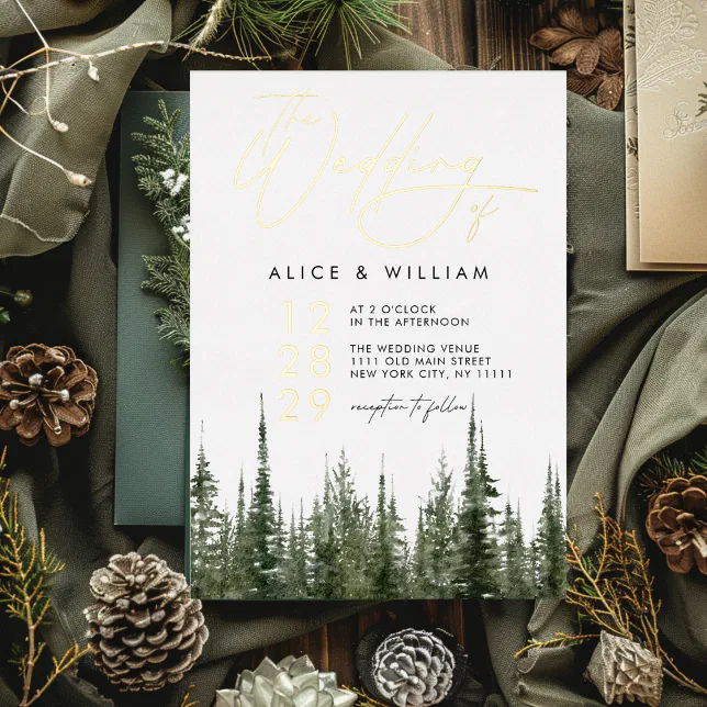 Watercolor Forest Pine Trees Rustic Wedding Foil Invitation | Zazzle