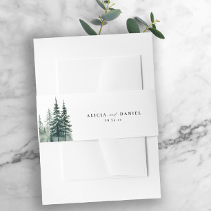 Watercolor forest pine trees rustic wedding invitation belly band