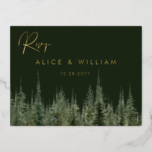 Watercolor Forest Pine Trees Rustic Wedding RSVP Foil Invitation Postcard