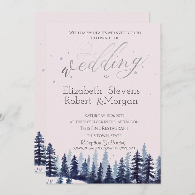 Watercolor Forest Pine Trees Wedding  Invitation (Front/Back)