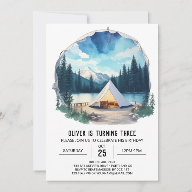 Watercolor Forest Retreat Birthday Invitation (Front)
