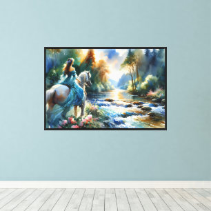 Watercolor Forest River Horsewoman Dreamscape Canvas Print