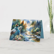 Watercolor Forest River Horsewoman Dreamscape