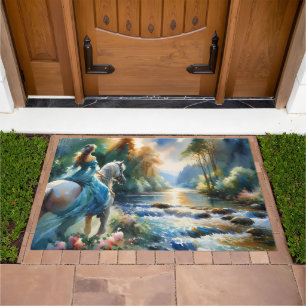 Watercolor Forest River Horsewoman Dreamscape Doormat