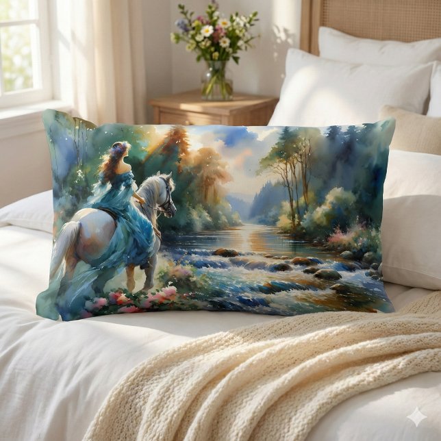 Watercolor Forest River Horsewoman Dreamscape Lumbar Pillow (Watercolor Forest River Horsewoman Dreamscape Lumbar Pillow Mockup a)