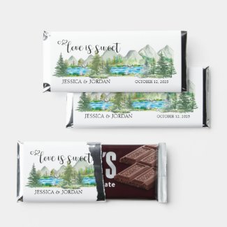 Watercolor Forest River Mountain Love Wedding Hershey Bar Favors