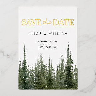 Watercolor Forest Rustic Pine Trees Save The Date Foil Invitation