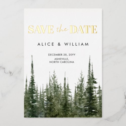 Watercolor Forest Rustic Pine Trees Save The Date Foil Invitation