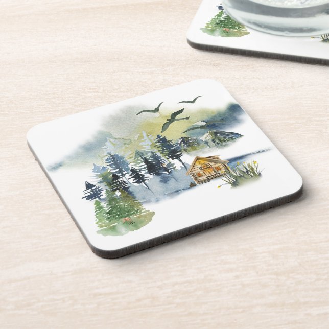 Watercolor forest scene  beverage coaster (Left Side)