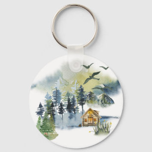 Watercolor forest scene  keychain
