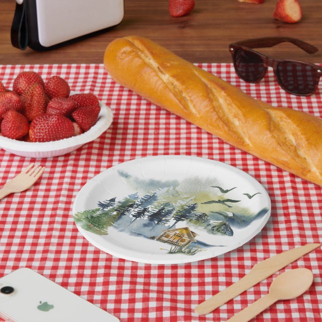 Watercolor forest scene  paper plates (Picnic)