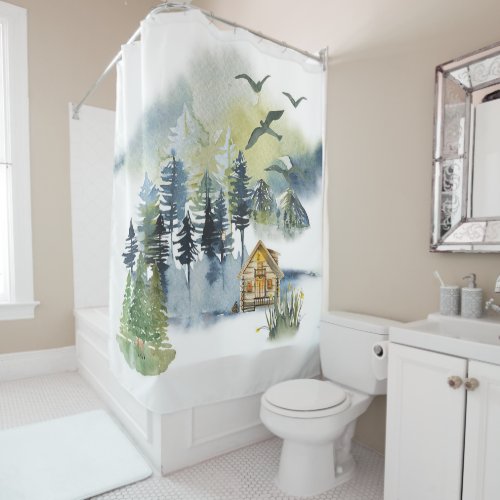 Watercolor forest scene shower curtain