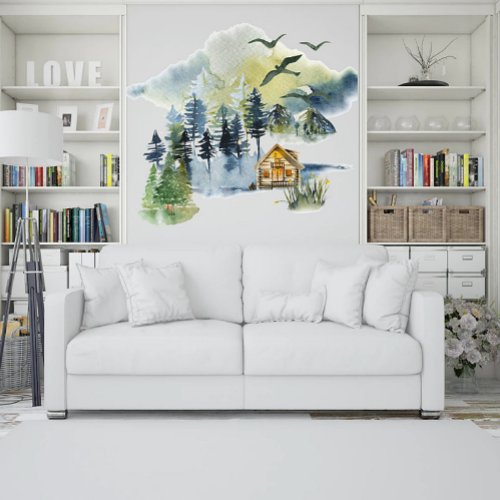 Watercolor forest scene wall decal 