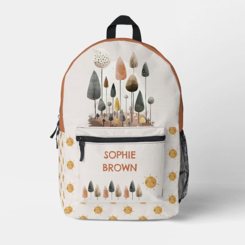 Watercolor Forest Scenery Cute Sun Pattern Name Printed Backpack