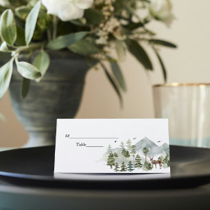 Watercolor Forest Trees And Deer Place Card