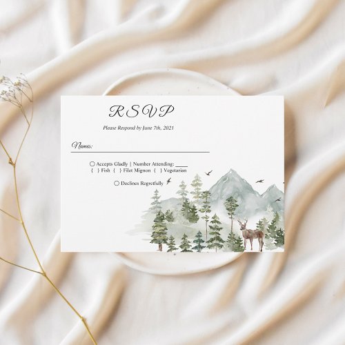 Watercolor Forest  Trees And Deer  RSVP Card