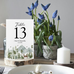 Watercolor Forest Trees And Deer Table Number