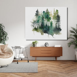 Watercolor Forest Trees Nature Green Browns Faux Canvas Print