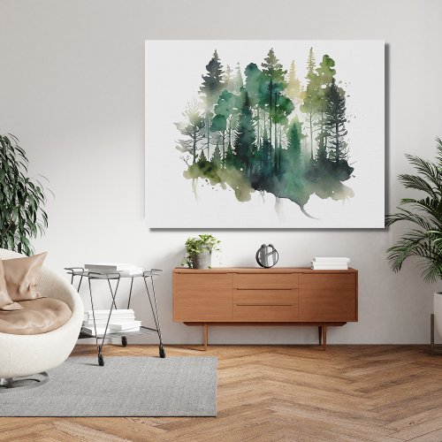 Watercolor Forest Trees Nature Green Browns Faux Canvas Print